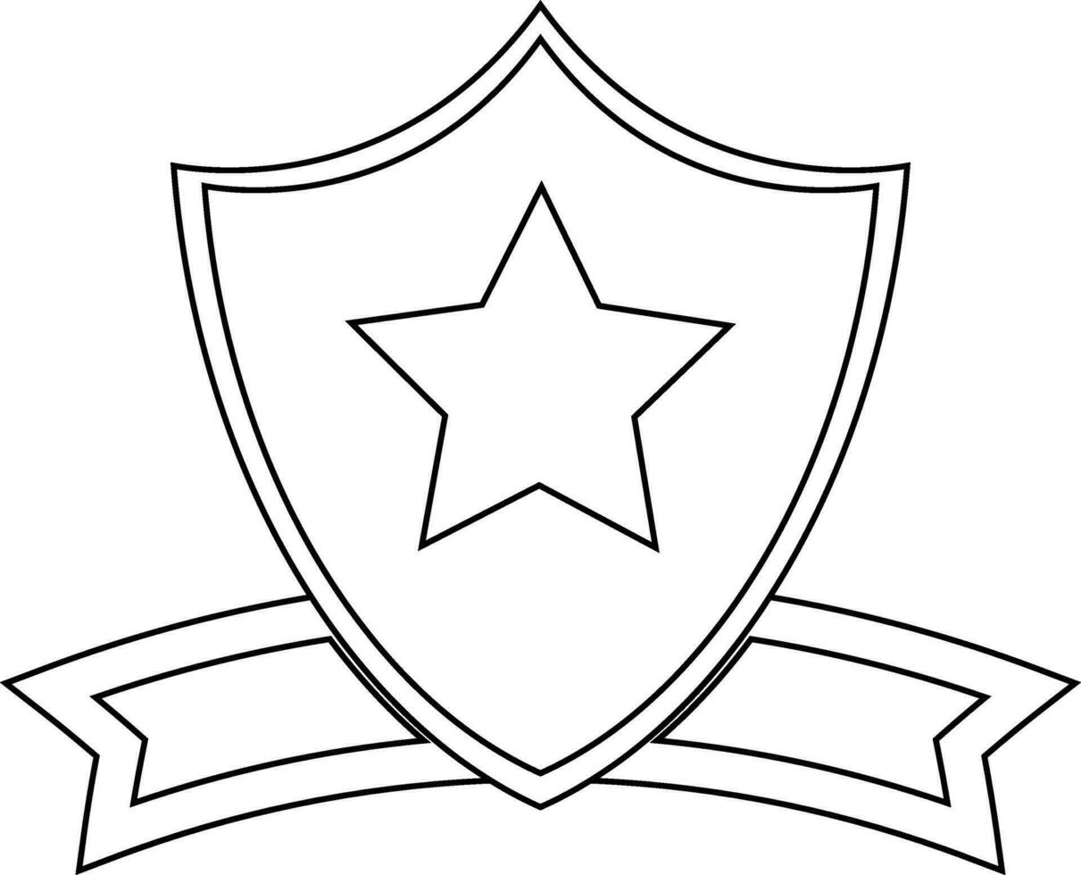Line art star decorated shield badge with ribbon. vector