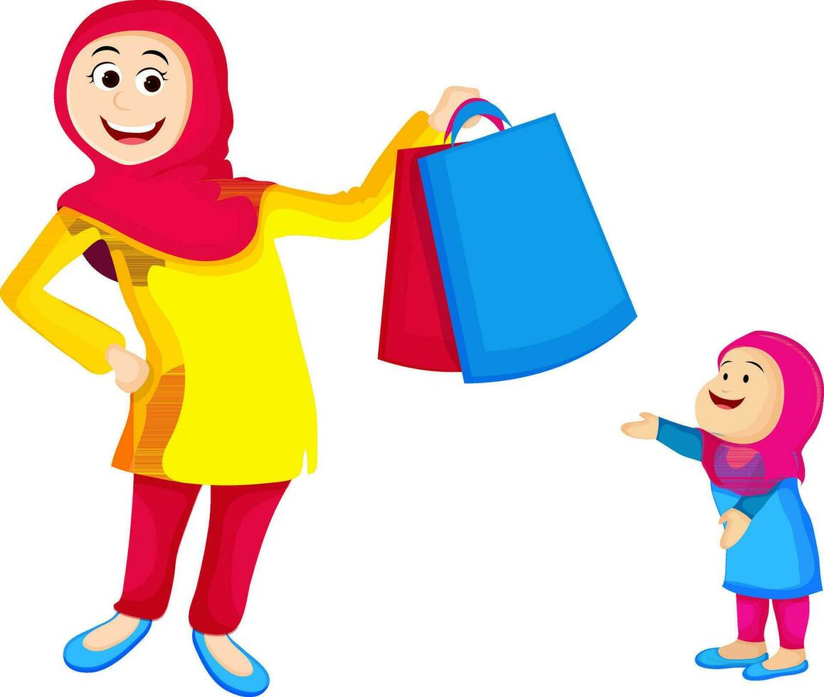 islámico mujer participación compras bolsas. vector