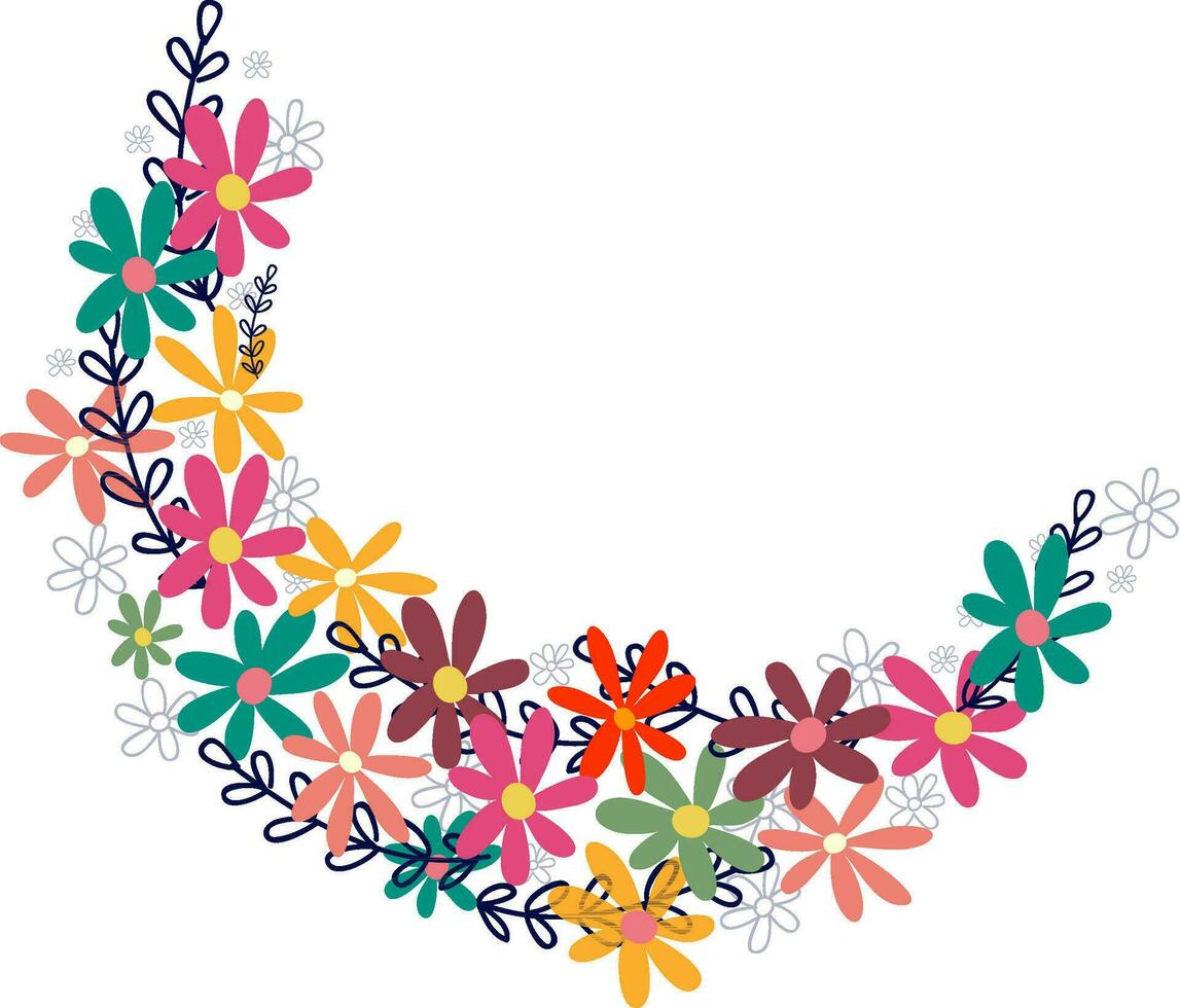 Crescent moon made by colorful flowers. vector