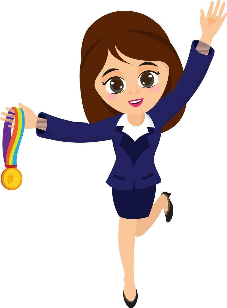 Business woman holding medal. vector