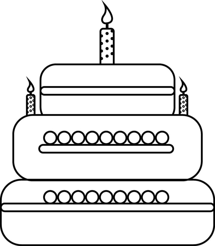 Burning candles decorated cake in line art illustration. vector