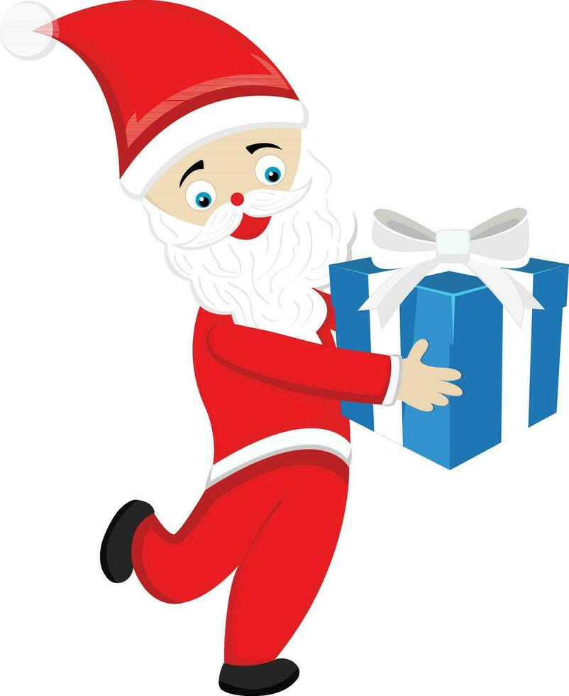 Cartoon Santa Claus holding blue gift box. vector