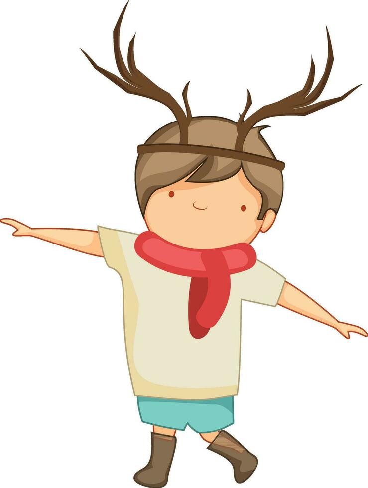 Character of boy wearing reindeer horn headband. vector