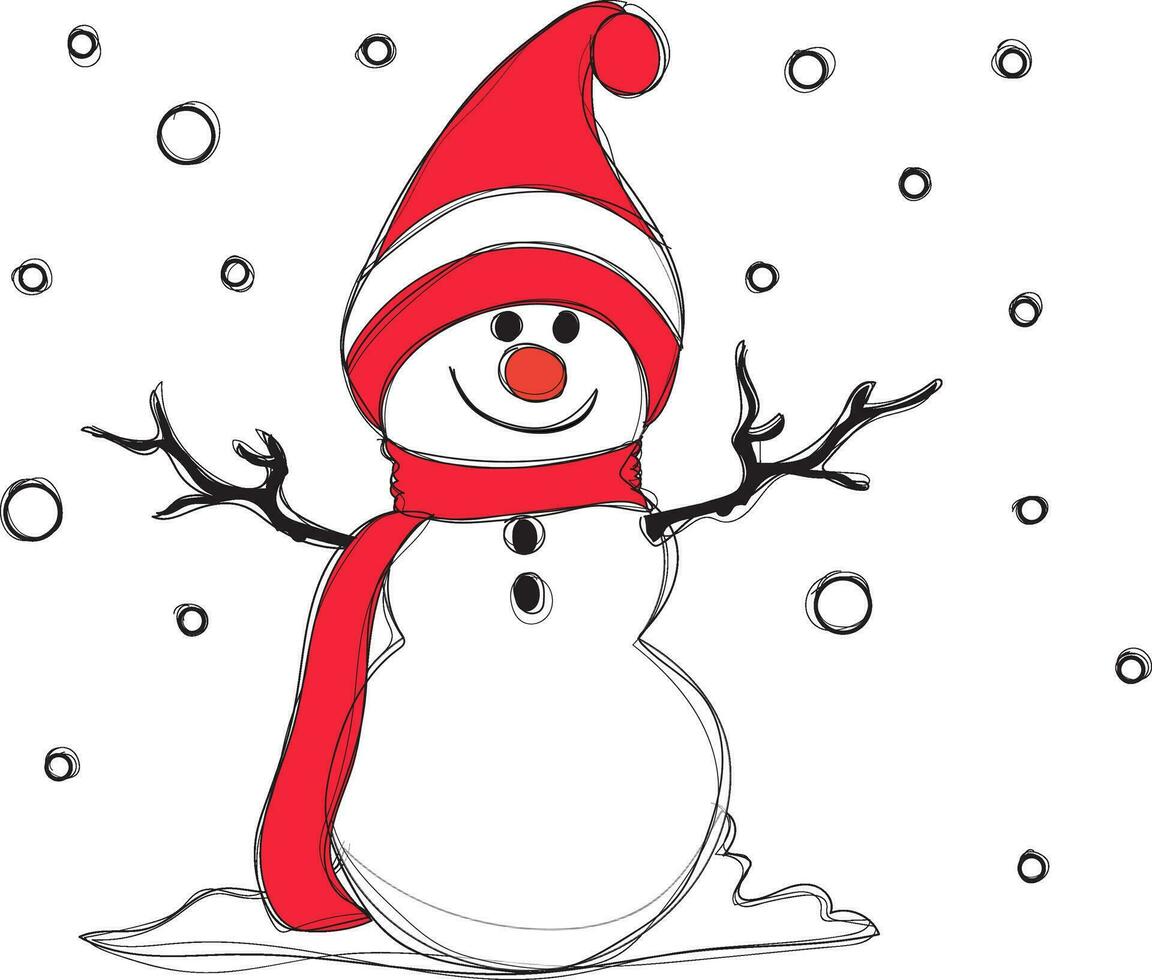 Character of snowman wearing hat and scarf. vector