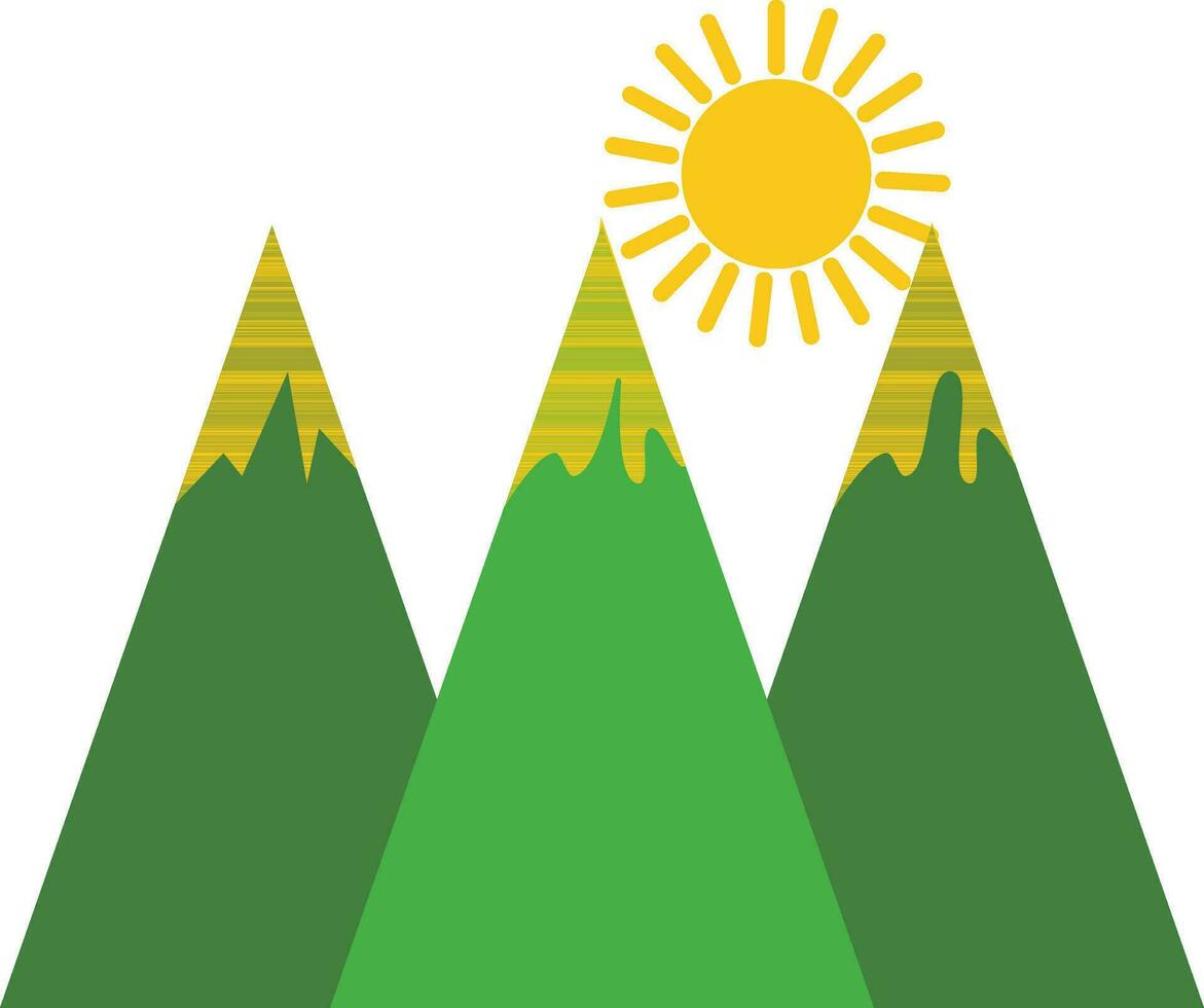 Green mountains with yellow sun rays. vector