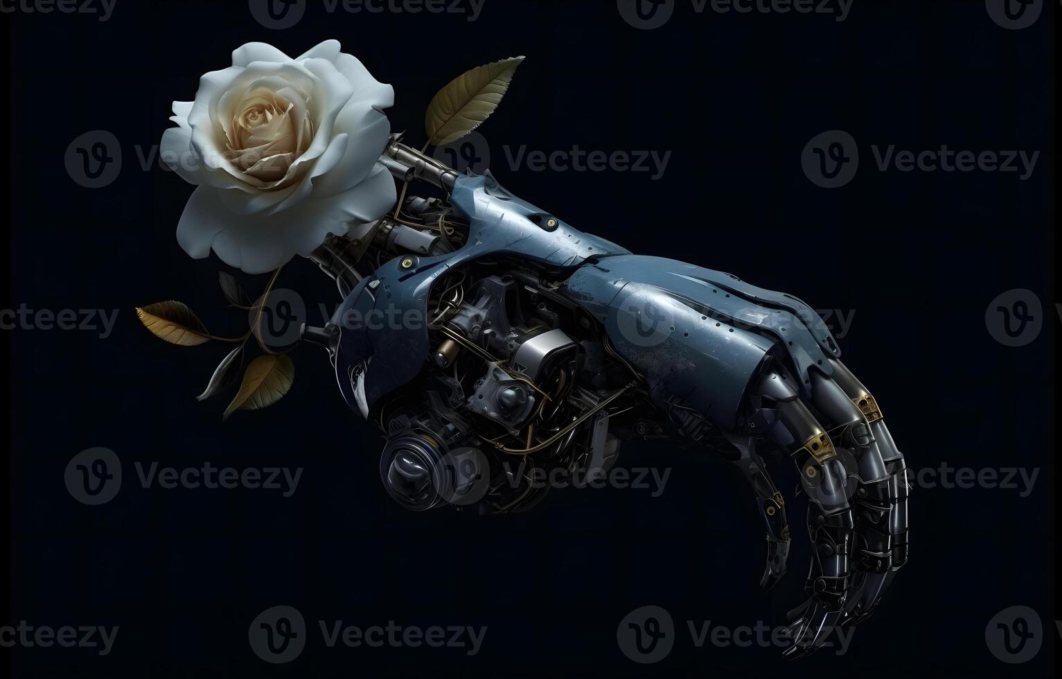a robot with a white rose on a black background photo