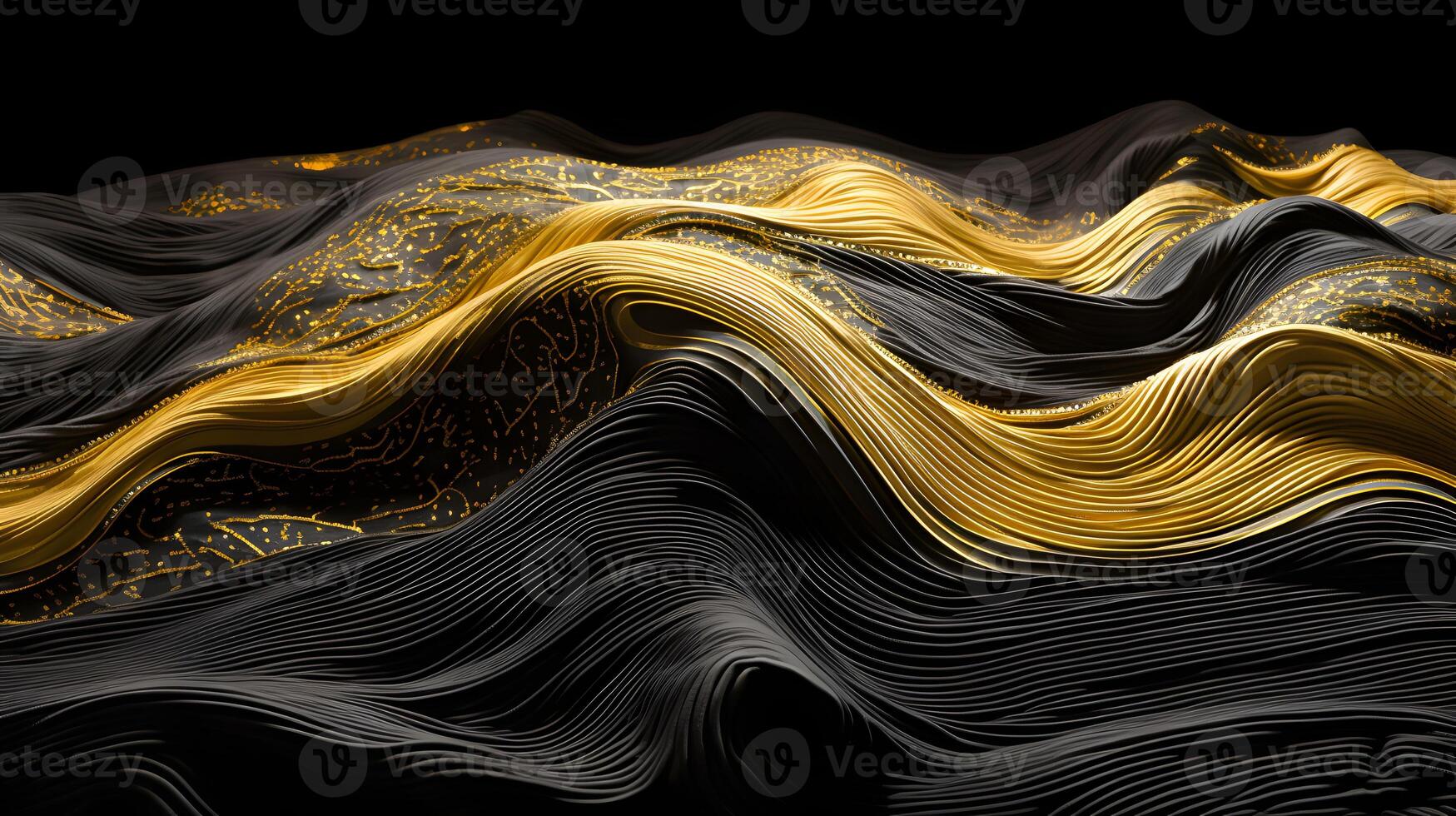 Abstract wavy background, black and gold lines, computer generated images photo