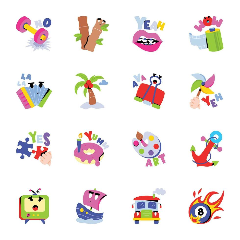 Modern Pack of Fun Objects Flat Stickers vector