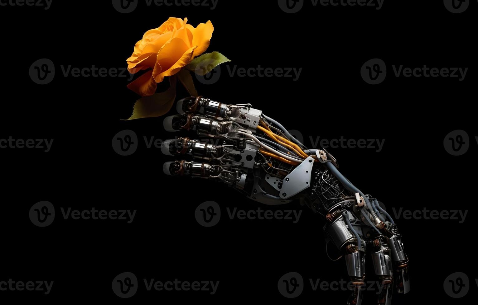artificial intelligence robot hand with rose flower isolated on black background photo