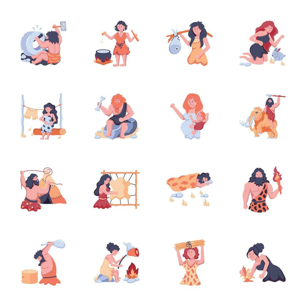 Set of Cave Persons Flat Icons vector