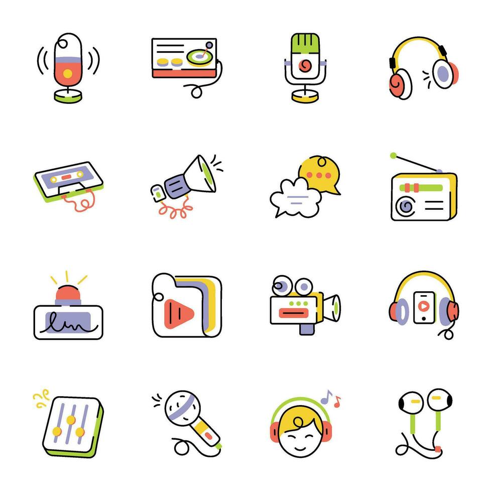 Set of Podcast Media Sketchy Icons vector
