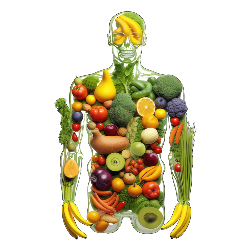 frisch Essen im Mensch Körper, Ernährung zum menschlich, Mensch Körper gemacht von Gemüse und Früchte isoliert auf transparent Hintergrund. gesund Essen Konzept generativ ai. png