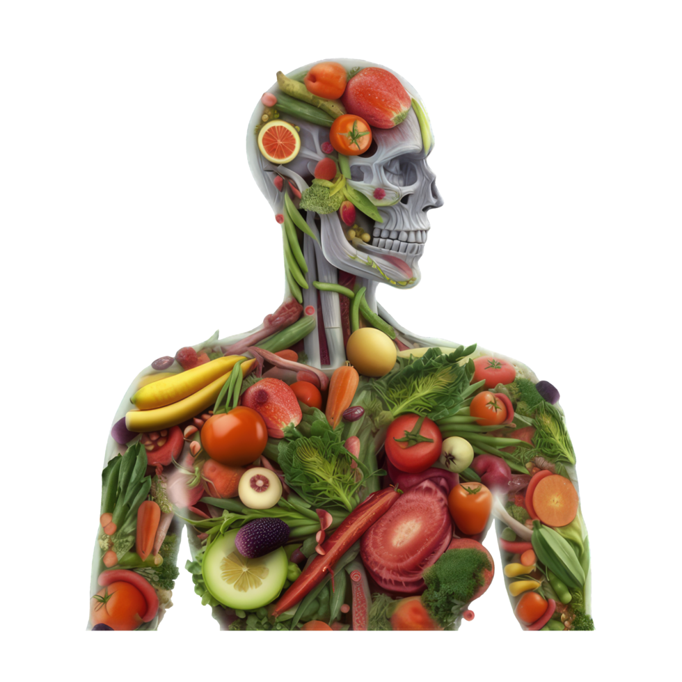 Fresco comida en humano cuerpo, nutrición para humano, humano cuerpo hecho de vegetal y frutas aislado en transparente antecedentes. sano comida concepto generativo ai. png