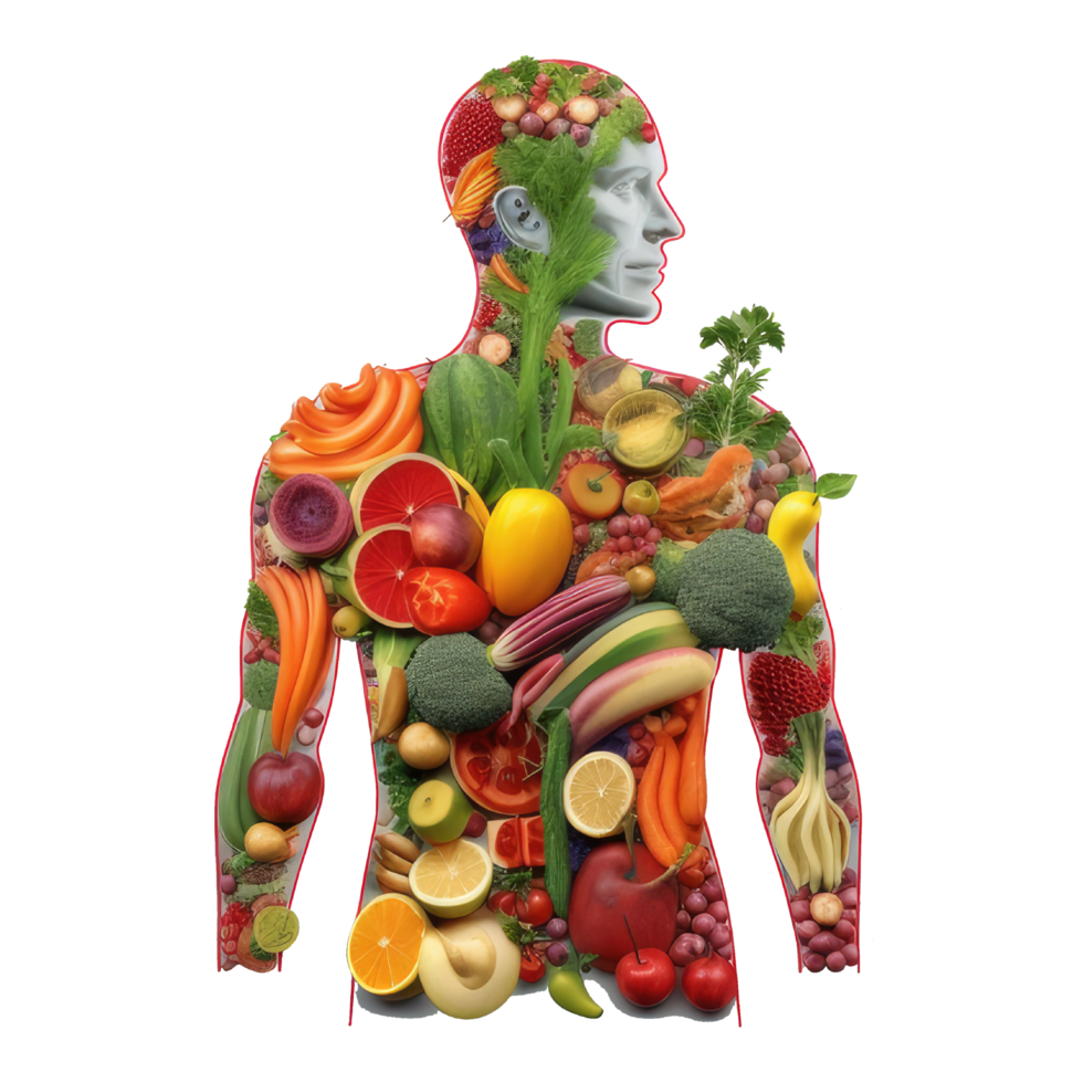 Frais nourriture dans Humain corps, nutrition pour humain, Humain corps fabriqué de légume et des fruits isolé sur transparent Contexte. en bonne santé nourriture concept génératif ai. png