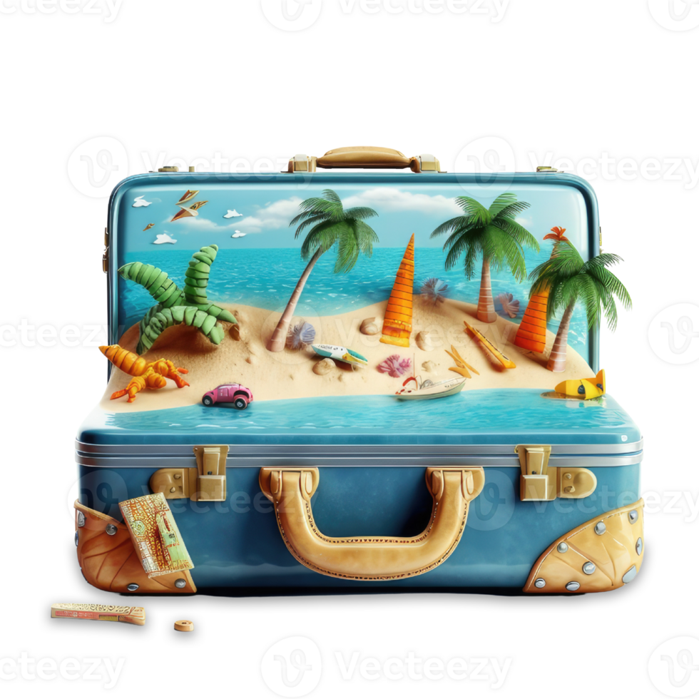 3d illustration travel suitcase with tropical island. travel beach vacation concept, isolated on transparent background png