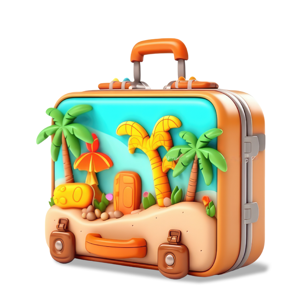 3d illustration travel suitcase with tropical island. travel beach vacation concept, isolated on transparent background png