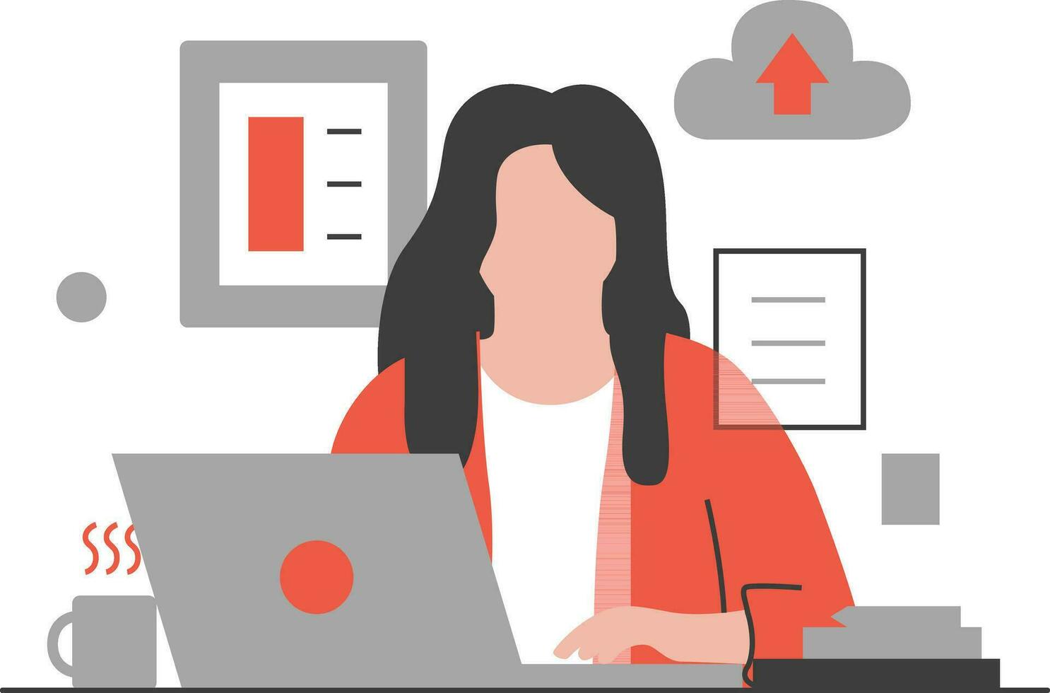 Illustration of a woman working on a laptop. Vector illustration in a flat style