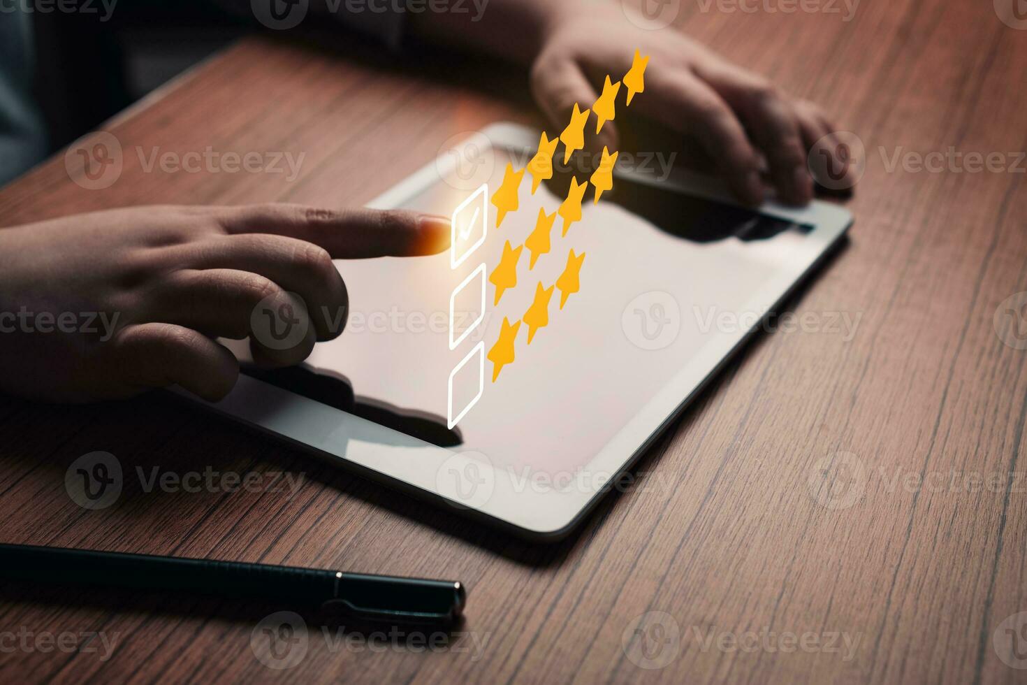 Woman rating a service on digital tablet with VR interface. Customer review satisfaction feedback concept. User give five stars to service experience on online application. Business reputation. photo