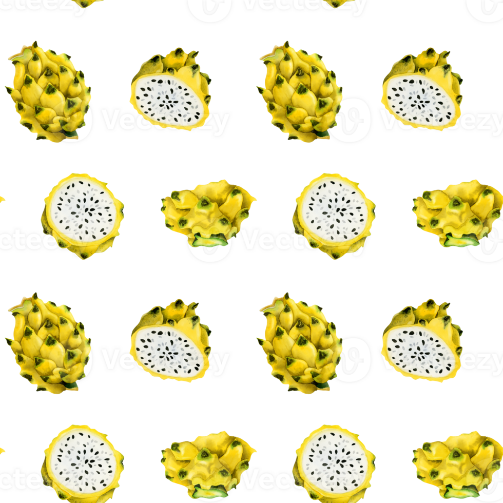 Yellow dragon fruits slices and whole pitaya seamless pattern. Hand drawn illustration for summer menus, fabrics, tropical and exotic designs png