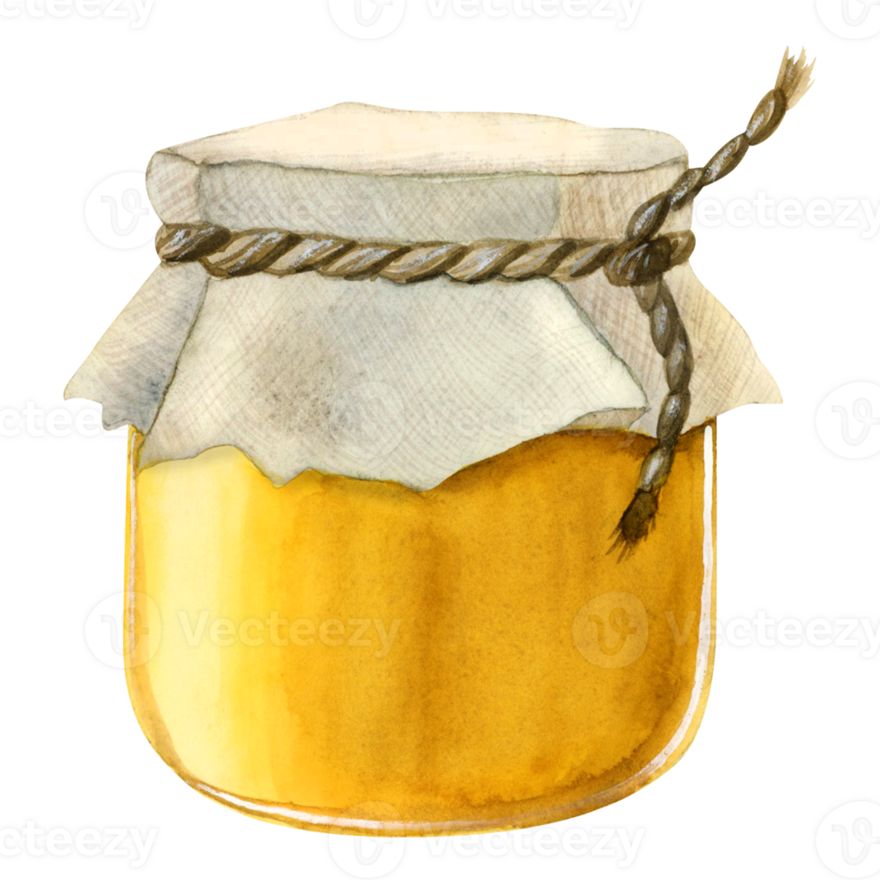 Honey jar watercolor illustration. Yellow glass pot with linen cloth cap and rope realistic clipart of natural organic healthy food, Rosh Hashanah designs png