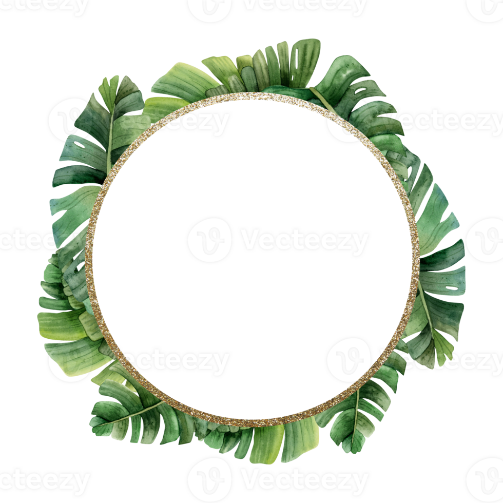 Green tropical palm leaves gold round frame wreath watercolor illustration for labels, thank you stickers, sale coupons or summer wedding invitation png