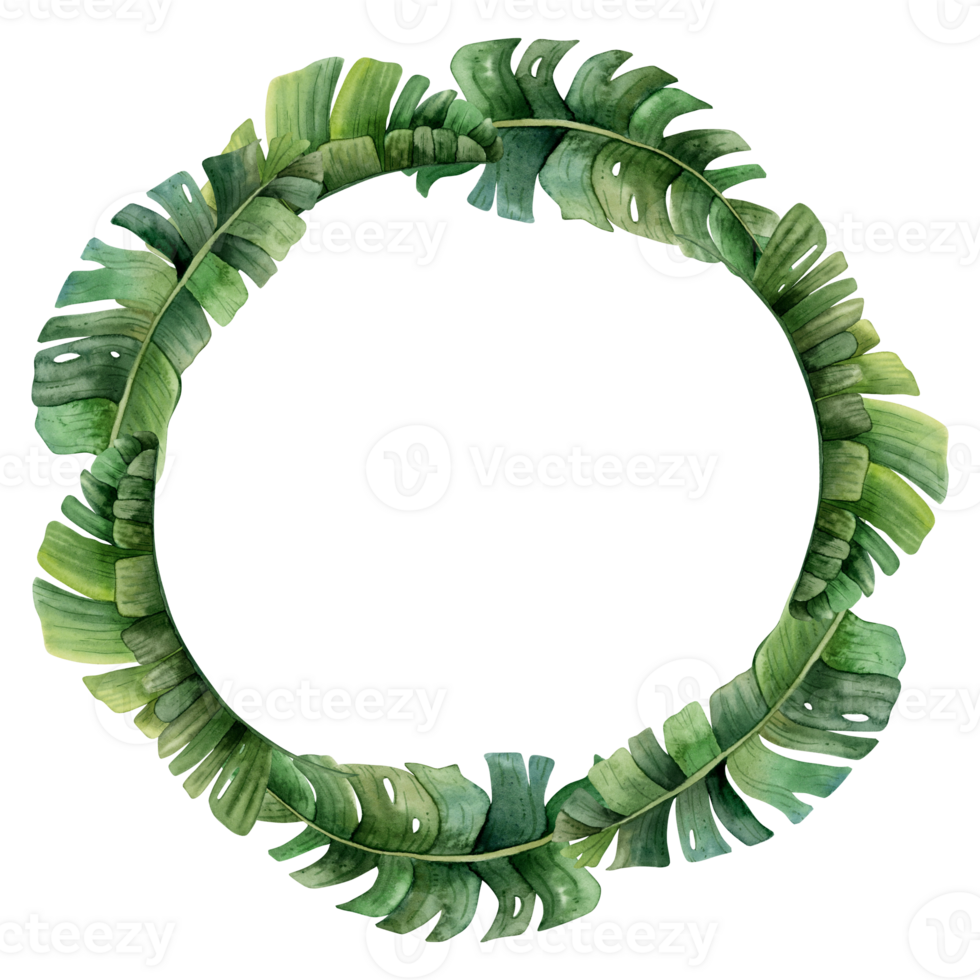 Tropical palm leaves round frame wreath watercolor illustration for thank you stickers, sale coupons or summer wedding invitation png