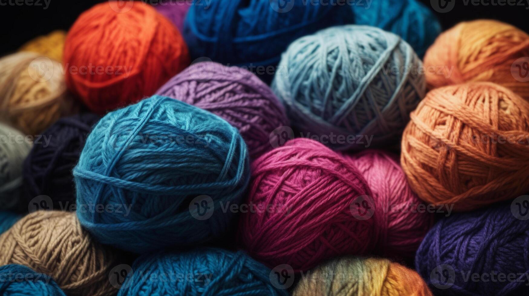Close up different multicolored balls of woolen yarn. Knitting hobby. Indoor background photo