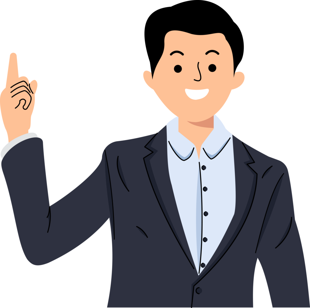 confident businessman in formal suit pointing finger up to indicate promotion or advertising with excited expression on isolated background png