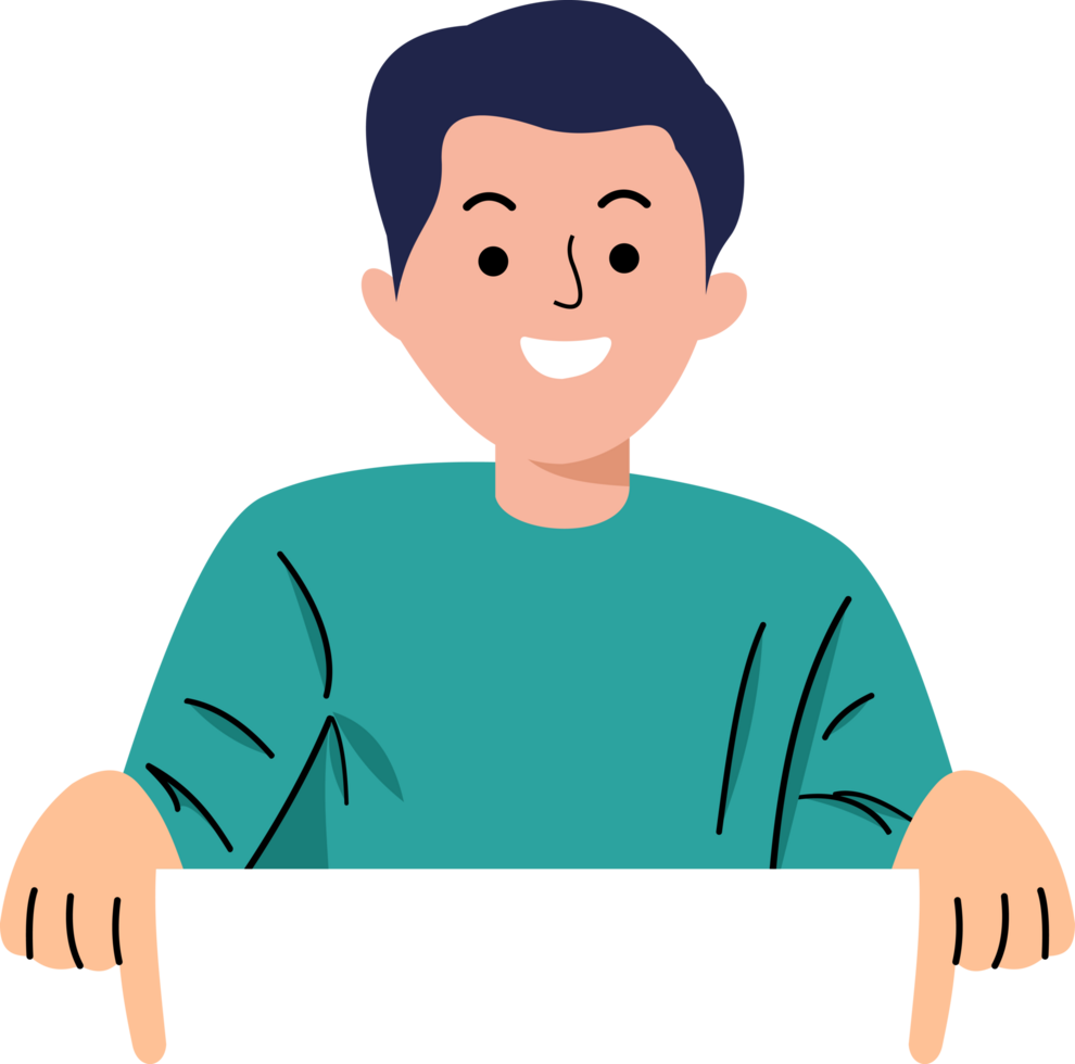 young man showing finger to empty space for banner product placement png