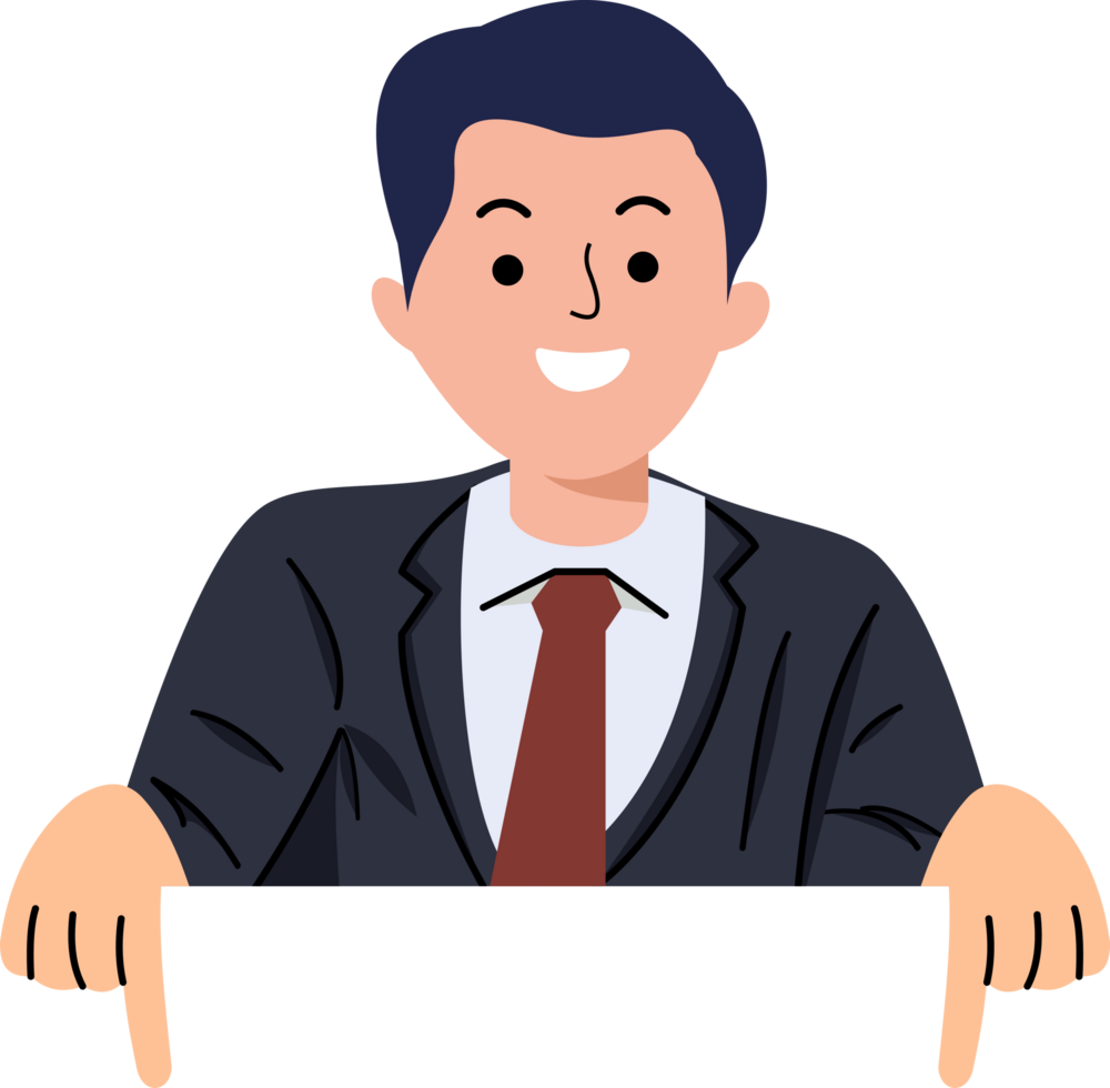 businessman showing finger to empty space for banner product placement png