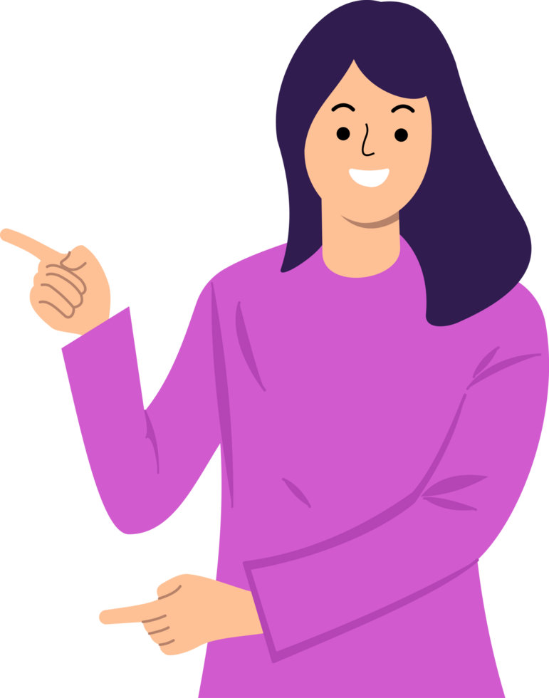 smiling young woman in casual shirt showing pointing finger to blank space png