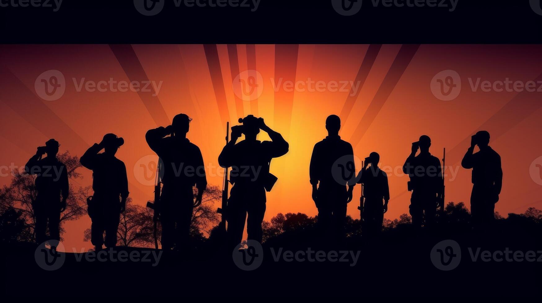 Silhouettes of soldiers in various poses or saluting against a sunset. photo