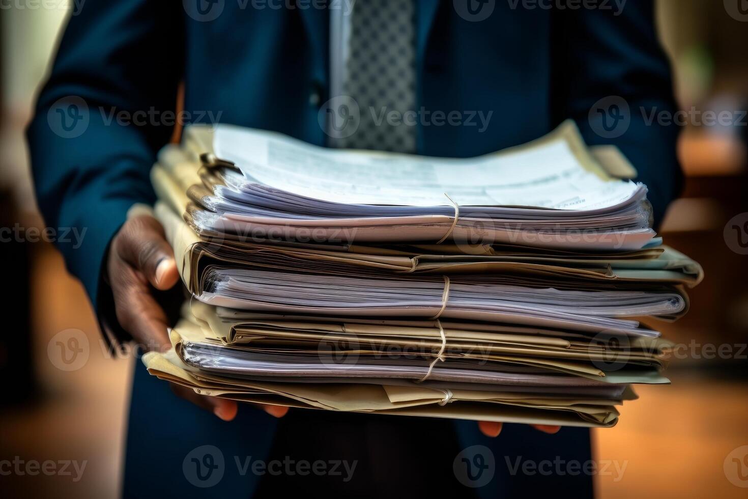 Business man holding a stack of documents and looking confident. photo