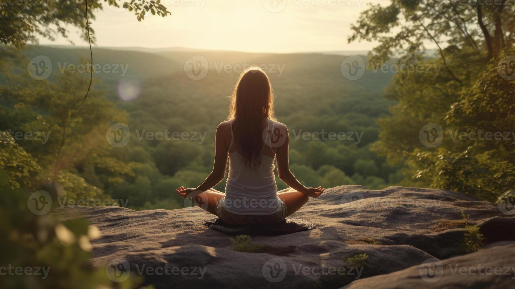 A woman meditating in a peaceful natural setting. photo