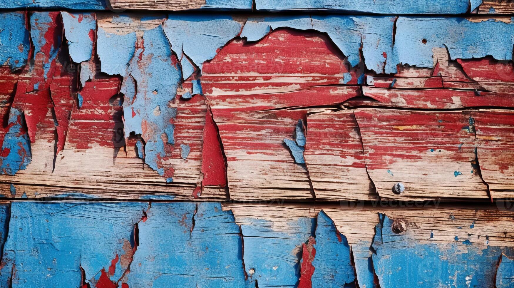 A weathered blue and red wall with peeling paint in close-up. photo