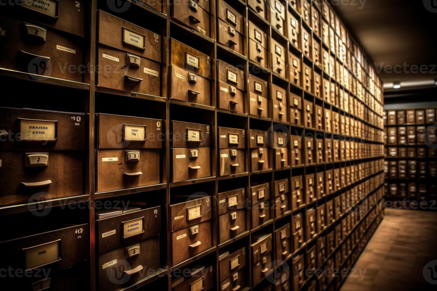 Wall filled with rows of filing cabinets with numerous drawers. photo