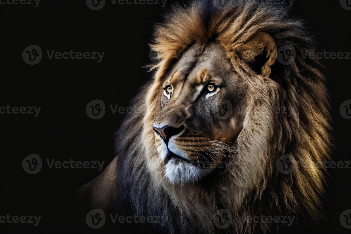 Portrait of a beautiful lion and copy space. Lion in dark photo