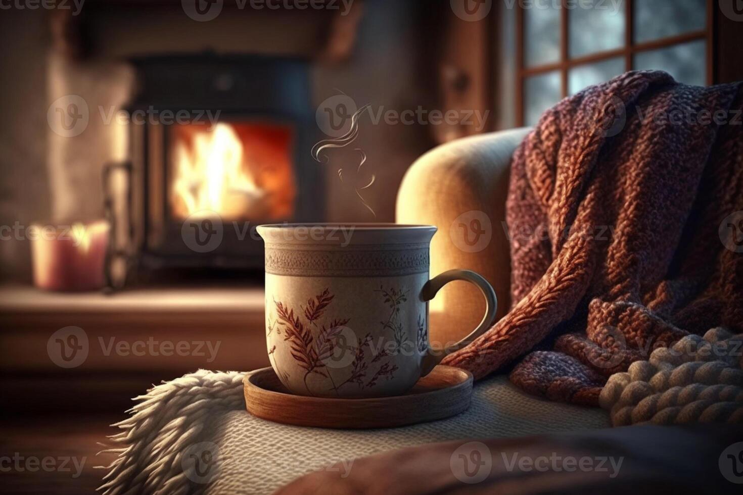 Mug with hot tea standing on a chair with woolen blanket, living room photo