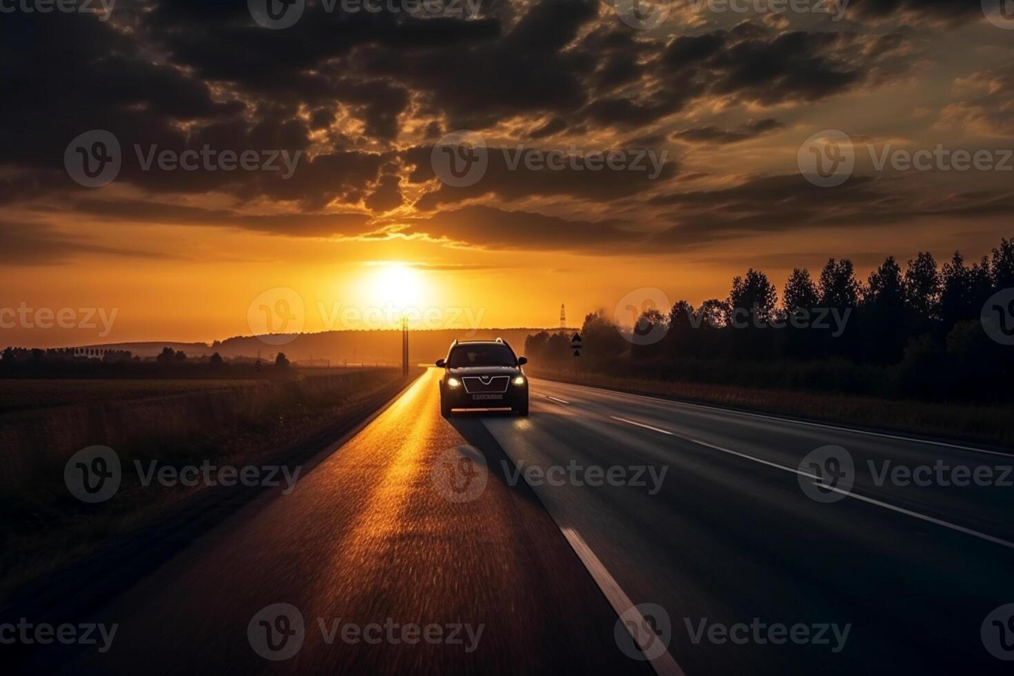 Car driving fast on the highway road against sky with sunset photo