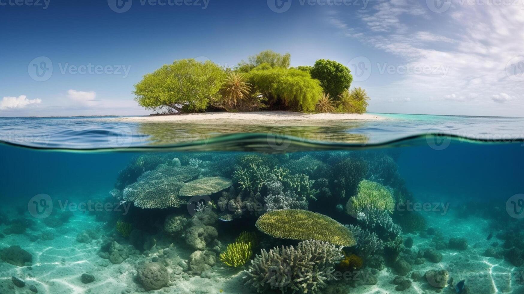 Tropical Island And Coral Reef Split View With Waterline photo