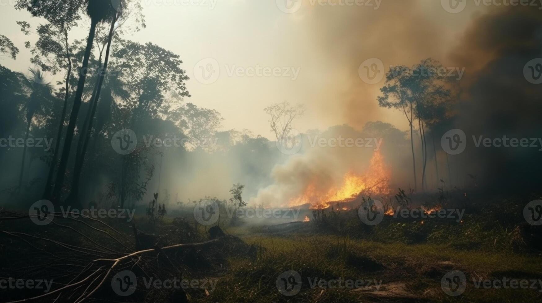 Extensive forest fire with heavy dark smoke in tropical forest. Cause of deforestation. photo