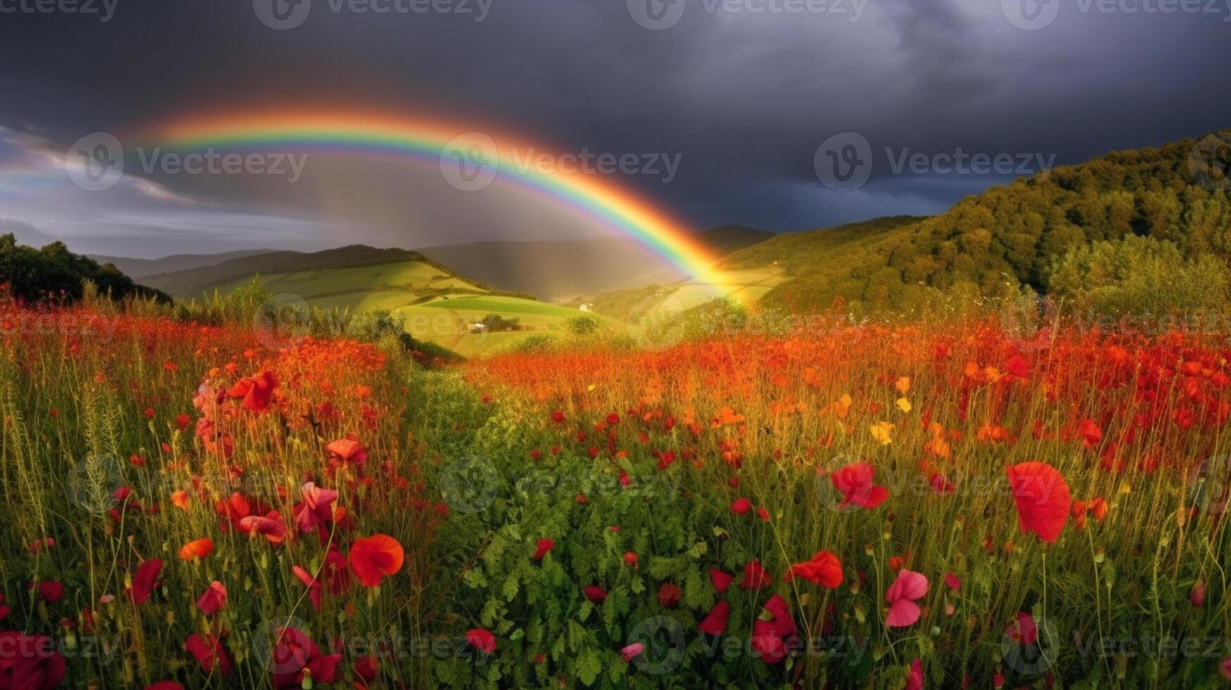 arco iris paisaje terminado amapola campo ai generado foto