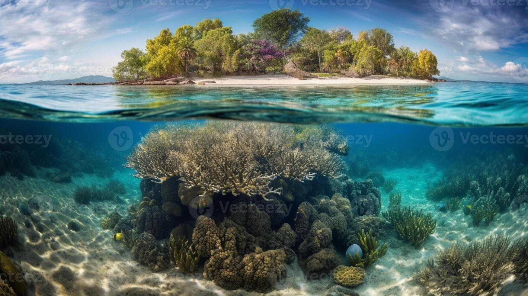 Tropical Island And Coral Reef Split View With Waterline photo