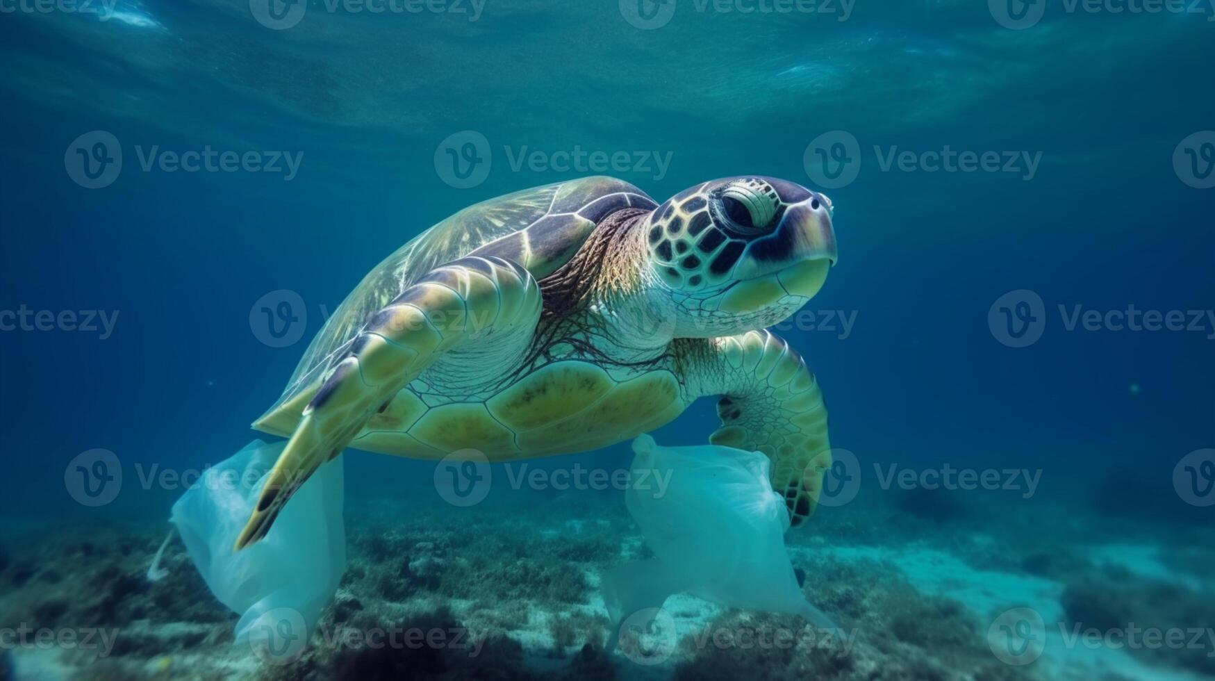 mar Tortuga comer el plastico debajo el mar ai generado foto