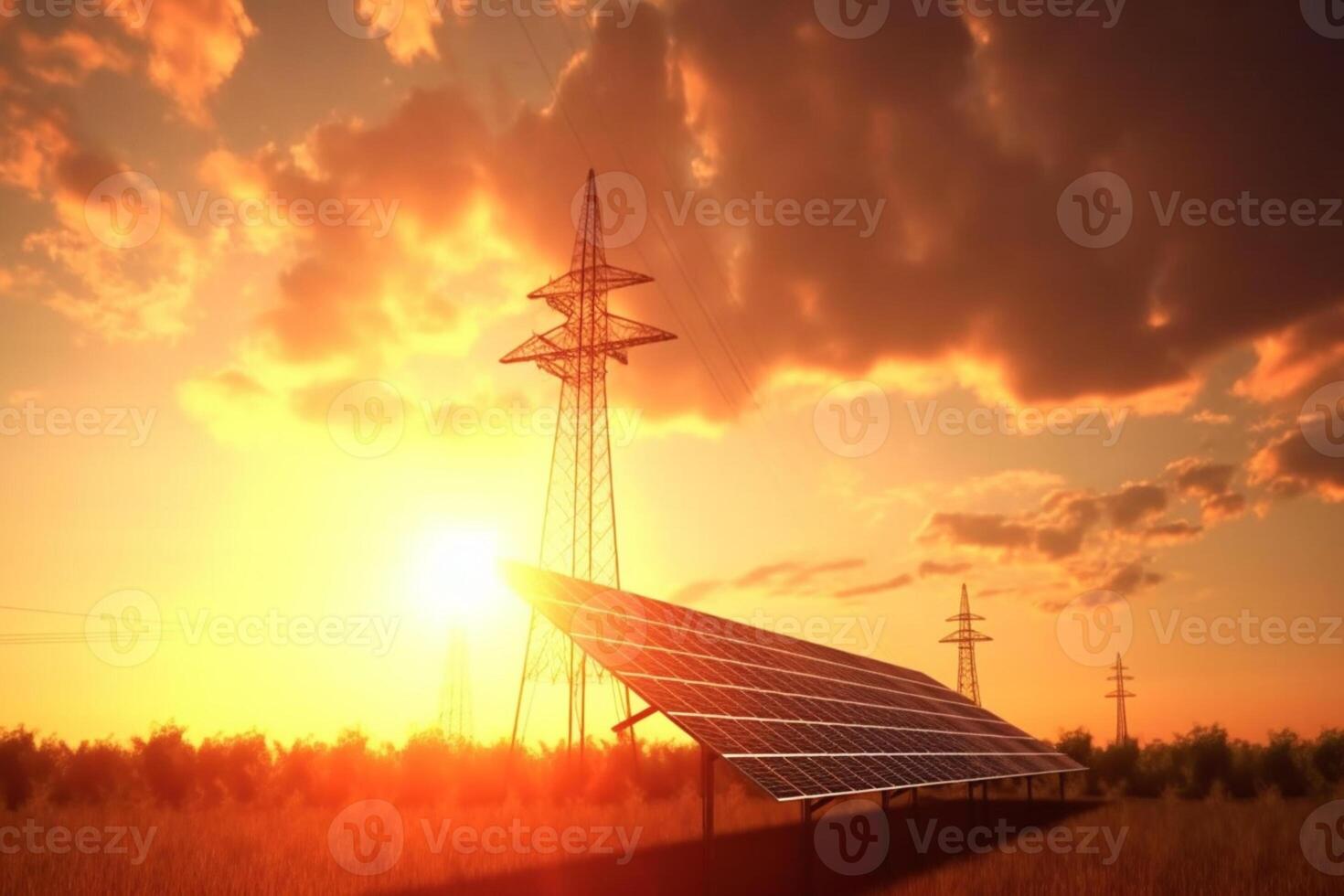 Environmental harmony, Solar panels, pylon, and sunset epitomize clean power photo