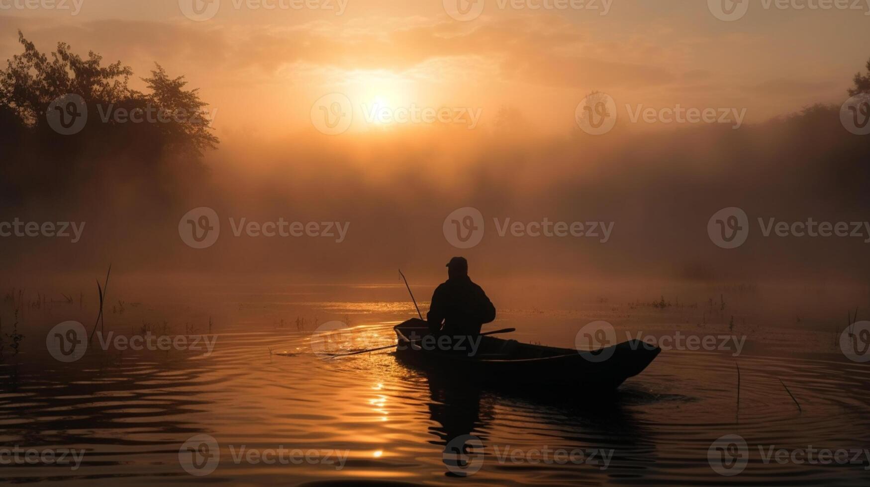 fisher fishing on foggy sunrise photo