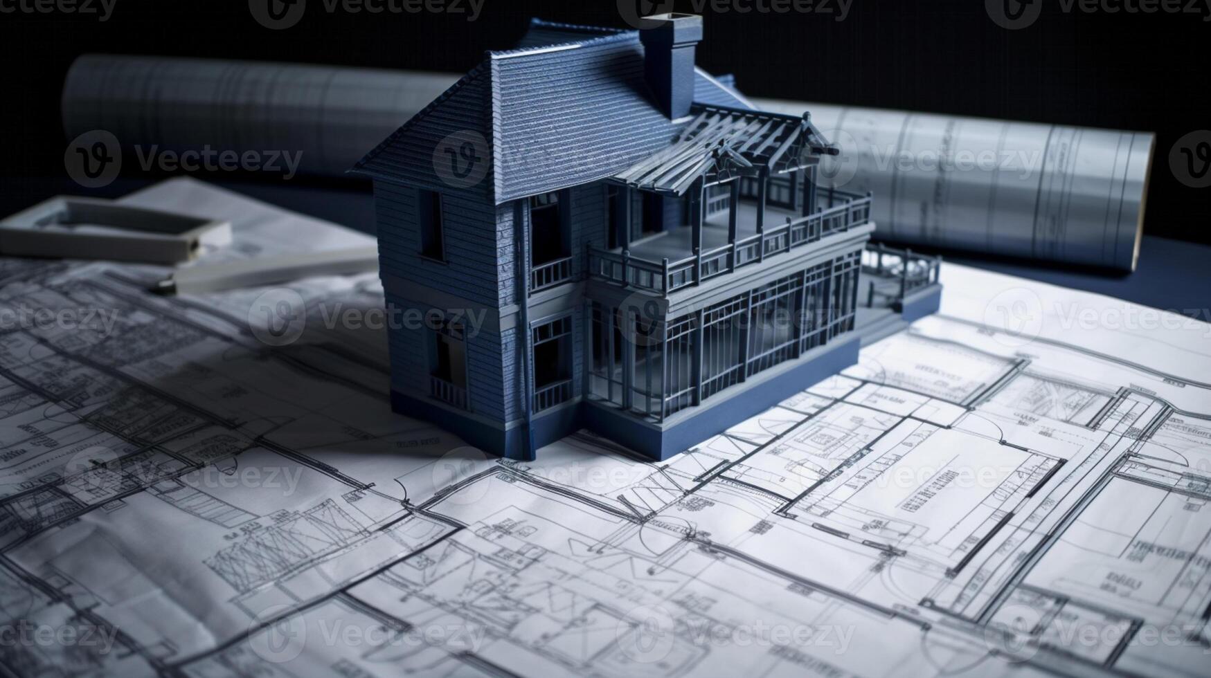 blueprint designs and a home model for a construction project. Background in real estate, housing project building, and engineering design photo