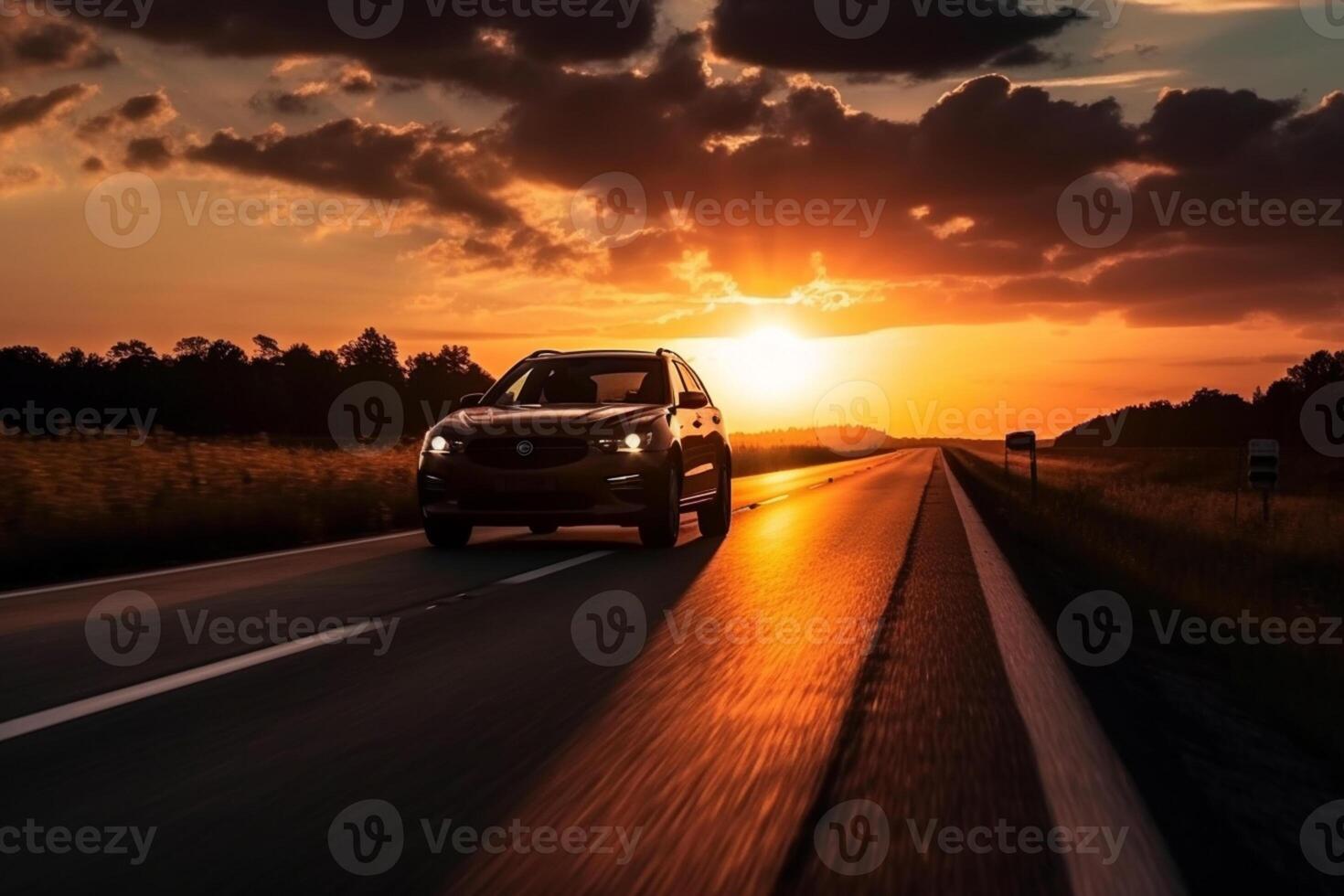 coche conducción rápido en el autopista la carretera en contra cielo con puesta de sol ai generado foto