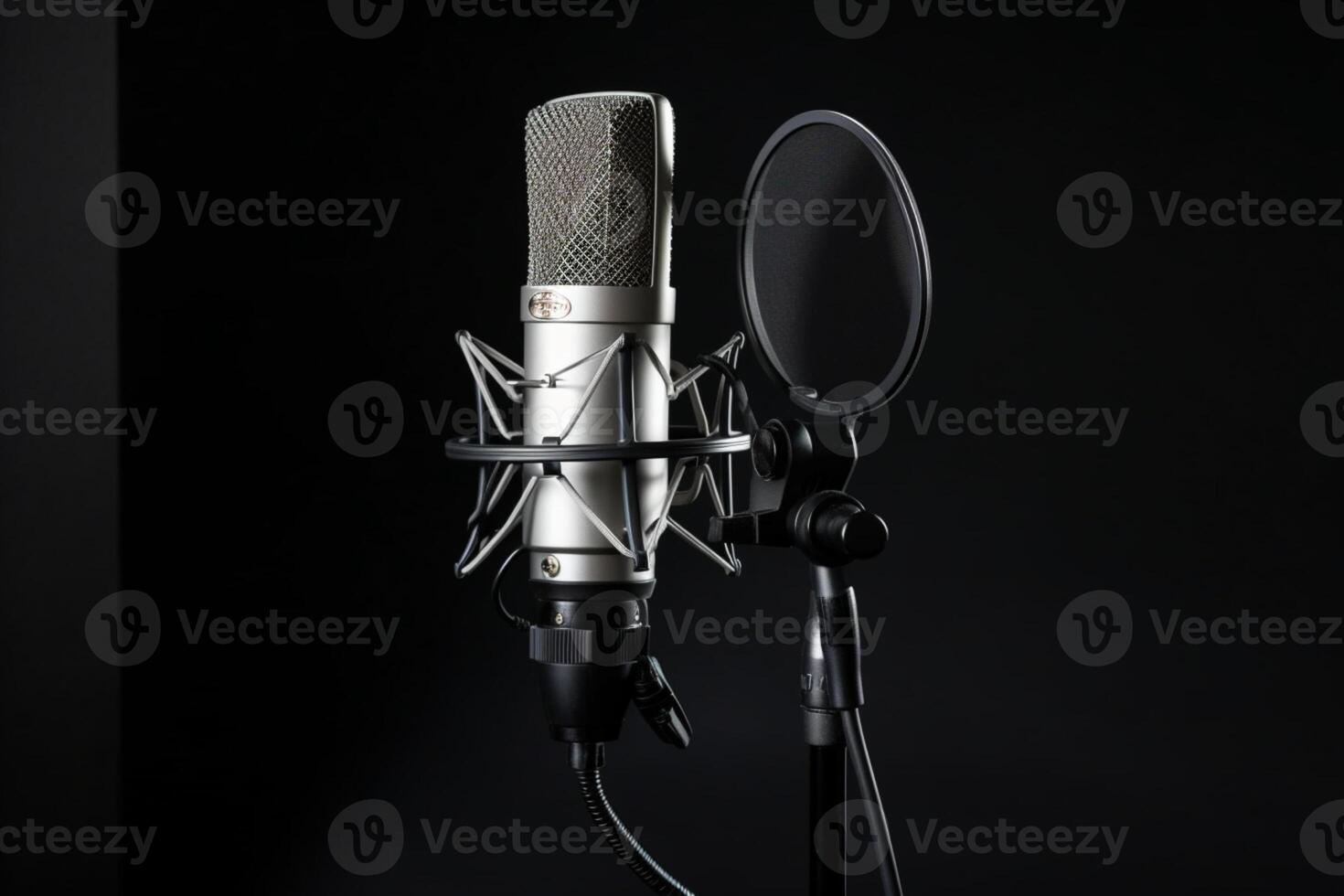 Studio microphone and pop shield on mic stand against gray background photo