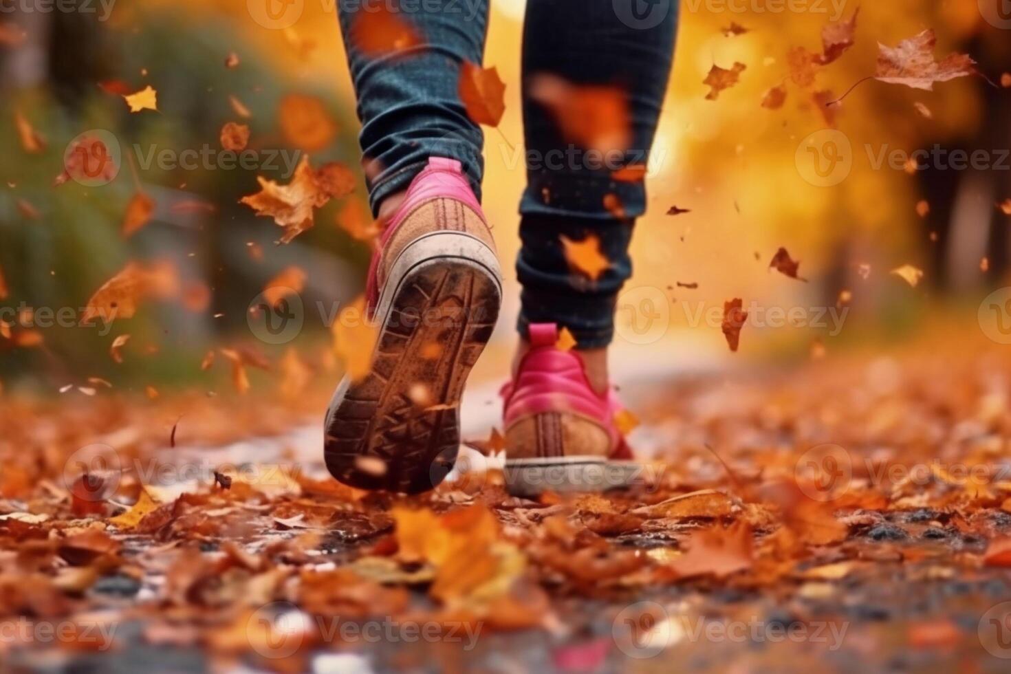 feliz pasos, de cerca de mujeres pie, corriendo en medio de otoños tranquilidad ai generado foto